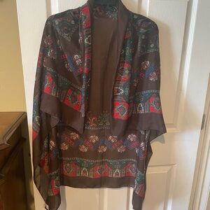 Brown Paisley-Print Kimono Wrap with Red & Teal Accents